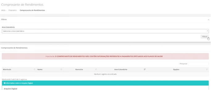 Seleção do ano-calendário e filtrar